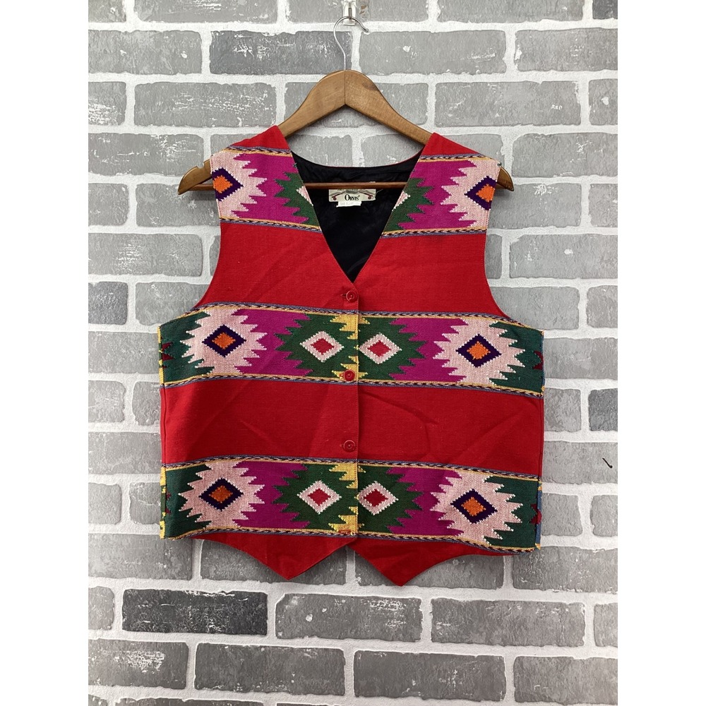 Orvis Vintage Red Southwestern Cotton Vest Womens Large Woven Geometric Pattern